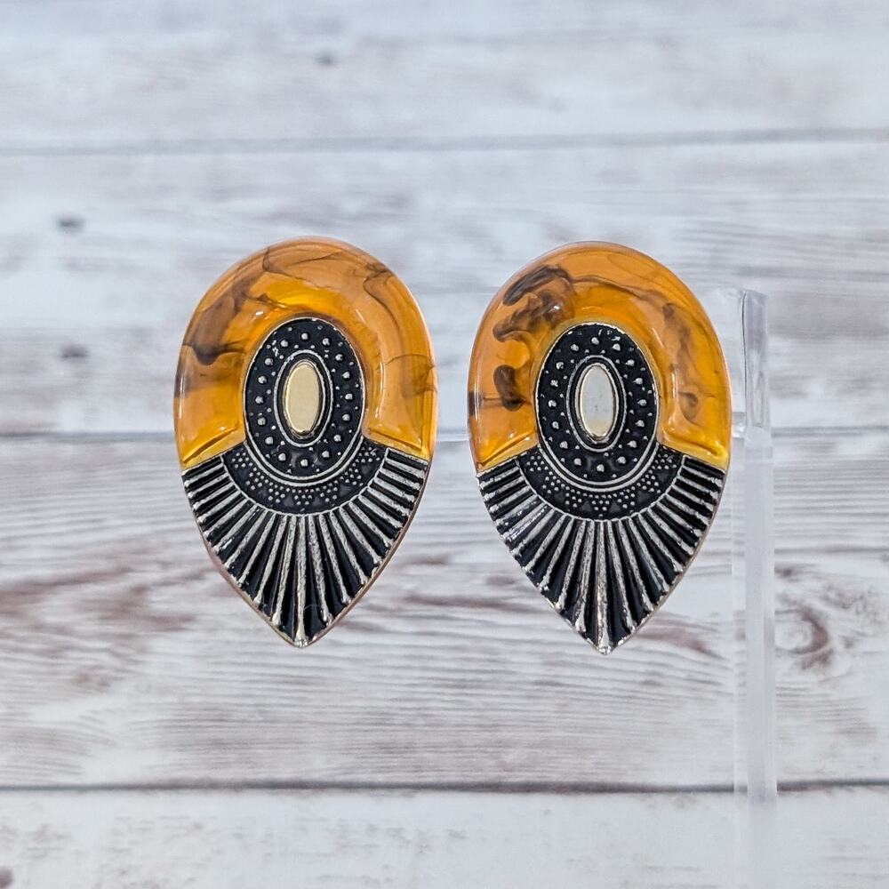Vintage Clip On Earrings Stunning Metal & Amber Tone Statement